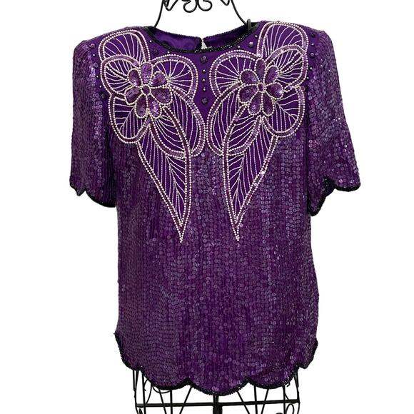 Leslie Fay Tops - Vintage Leslie Fay Purple Sequin Dressy Top Size Medium Floral Short Sleeve